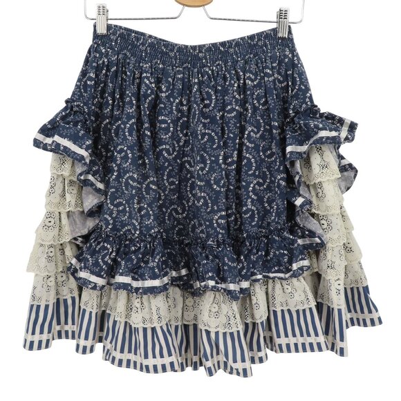 VTG Suzis Ruffles Women One Size OSFM Blue Leaf Swirl Square Dance Skirt Can Can - Picture 1 of 9